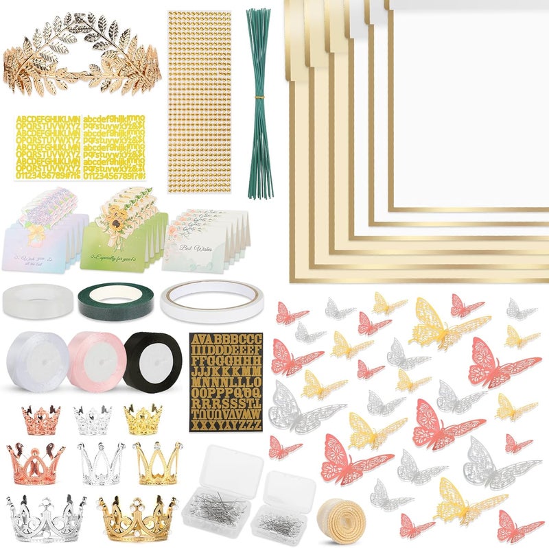 Besuper 260Pcs Flower Bouquet Wrapping Paper Kit , 60 Sheets Wrapping Paper, 36 Butterflies, 8 Crowns, 1 Headband, 4 Ribbons, 15 Cards, 100 Diamond Pins, Floral Wire, 3 Stickers, 3 Tapes (White & Yellowish) - Image 1